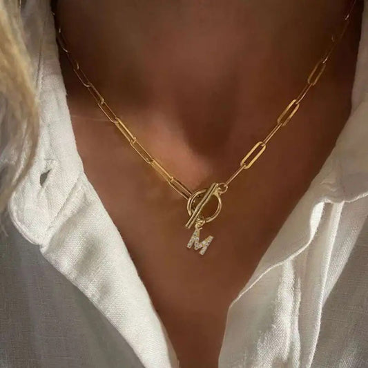 Letters Paper Clips Chain Zircon Pendant Necklace